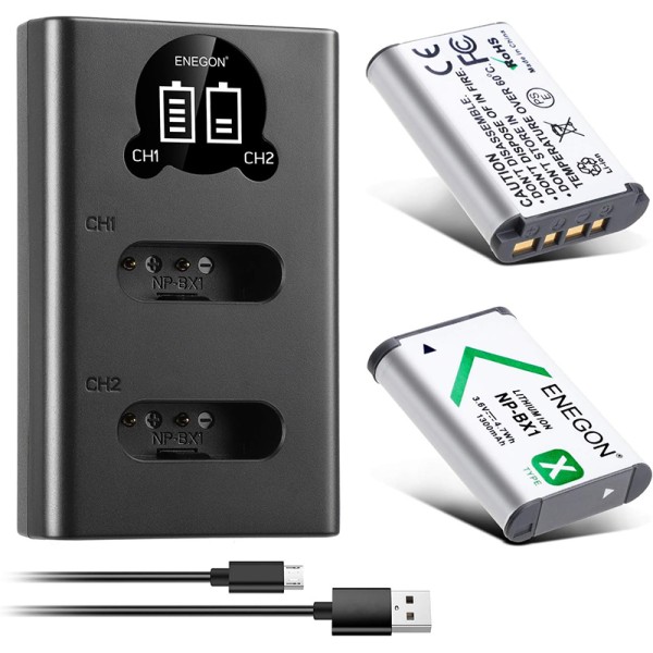 ENEGON NP-BX1, Kit 2 Batterie 1300mAh con doppio caricatore